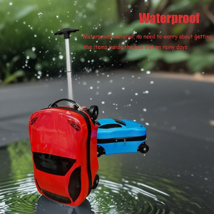 Easy-to-pull 18-inch car-shaped kids' suitcase with retractable handle for young adventurers.