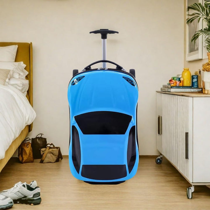 Fun 18-inch car-shaped kids' travel suitcase, durable and easy to pull for any adventure.
