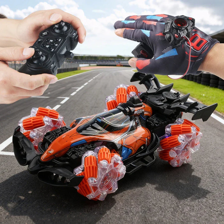 Kids' 4-Wheel RC Stunt Racer with LED lights, a durable all-terrain remote control toy for boys & girls.