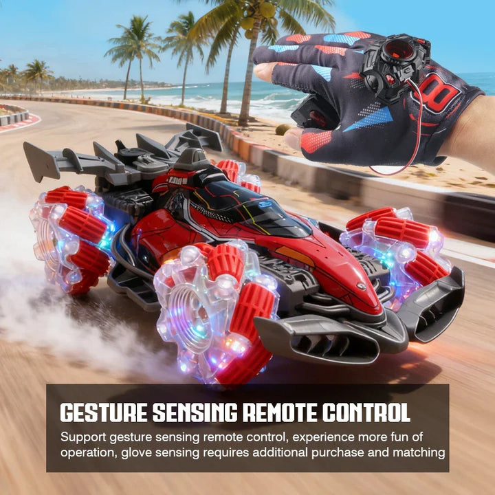 Dynamic 4-wheel RC Stunt Racer for kids, featuring bright LED lights and all-terrain capabilities for exciting play.