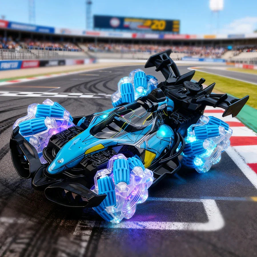 Rugged 4-wheel drive RC stunt car for kids, perfect for all-terrain adventures with vibrant LED lights.