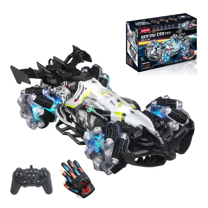 Rechargeable 4-Wheel RC Stunt Racer, a durable kids' remote control toy with LED lights for endless all-terrain fun.