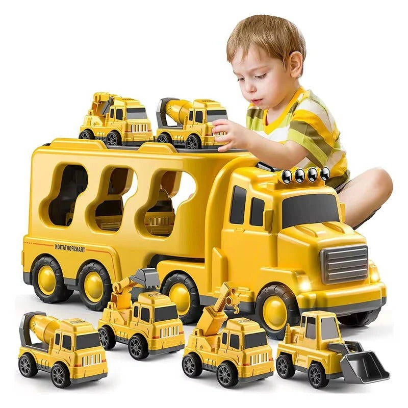 Kids' 5-piece construction truck toy set with a large carrier truck, mini vehicles, and a ramp for toddlers.