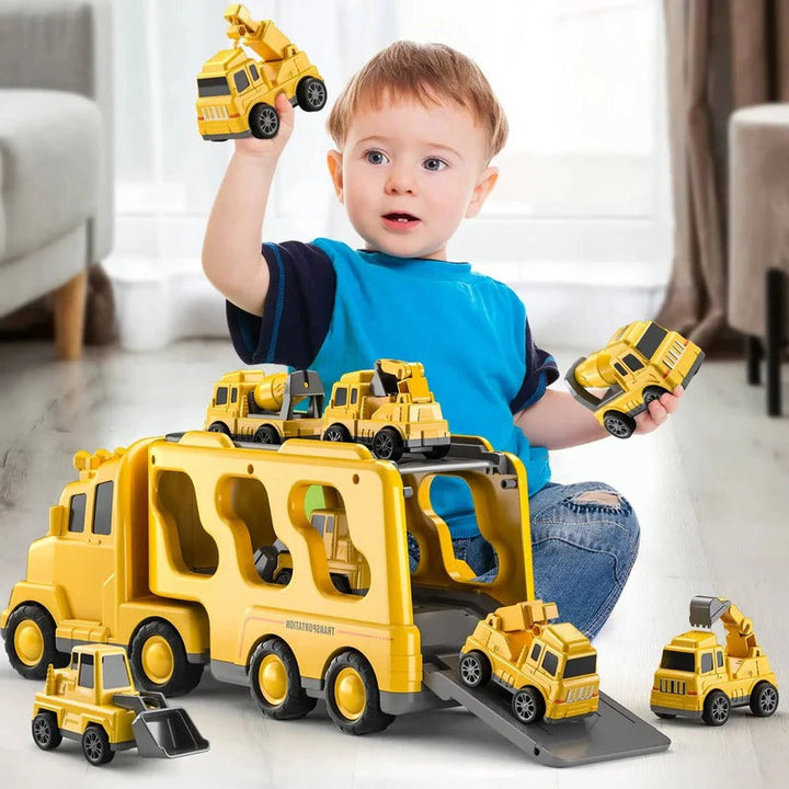 Friction-powered construction truck toy set with carrier, mini vehicles & ramp for active toddler pretend play.