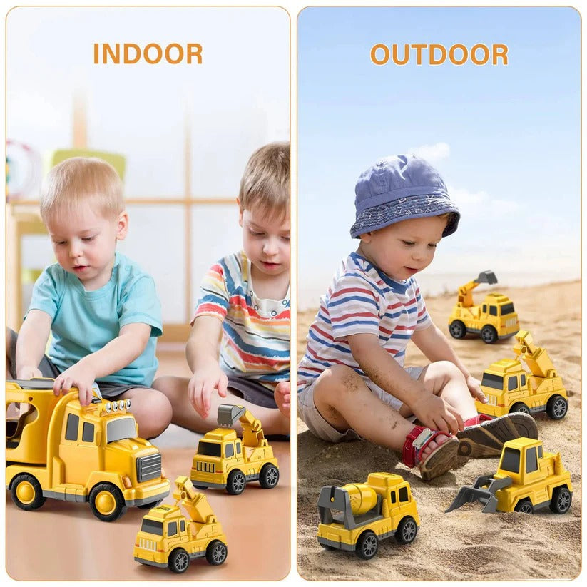 Durable 5-piece construction vehicle playset featuring a carrier truck, ramp, and mini construction toys.