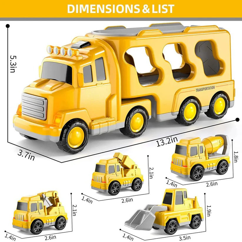 Inspire imaginative construction play with this 5-piece friction-powered truck set, carrier, and movable ramp.