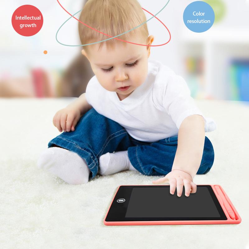 Close-up of a reusable electronic sketchpad for kids, displaying a bright drawing and easy-erase button.