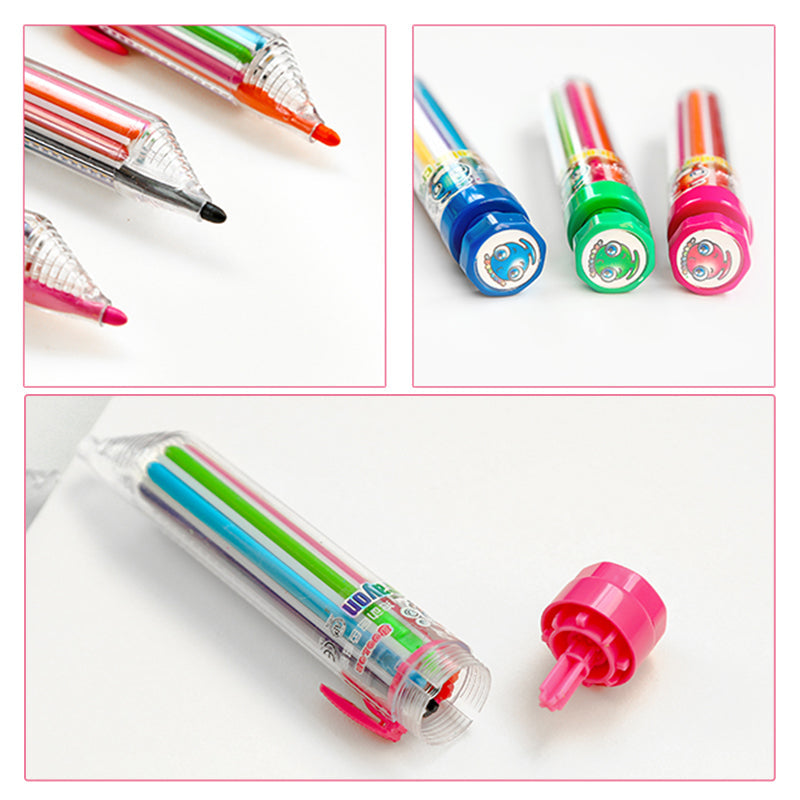 Detail shot of the interchangeable tips of the 8-in-1 multicolor crayon, school supplies