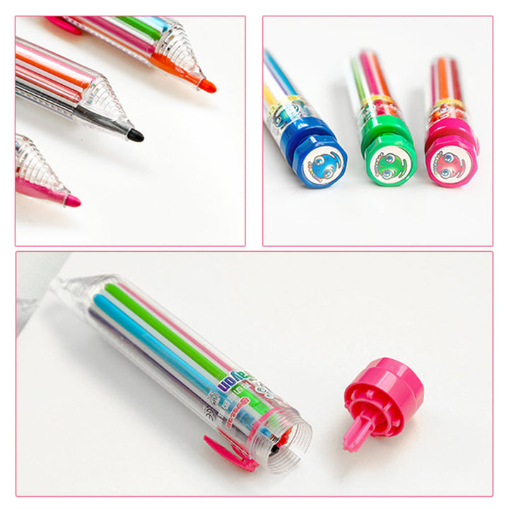 Detail shot of the interchangeable tips of the 8-in-1 multicolor crayon, school supplies