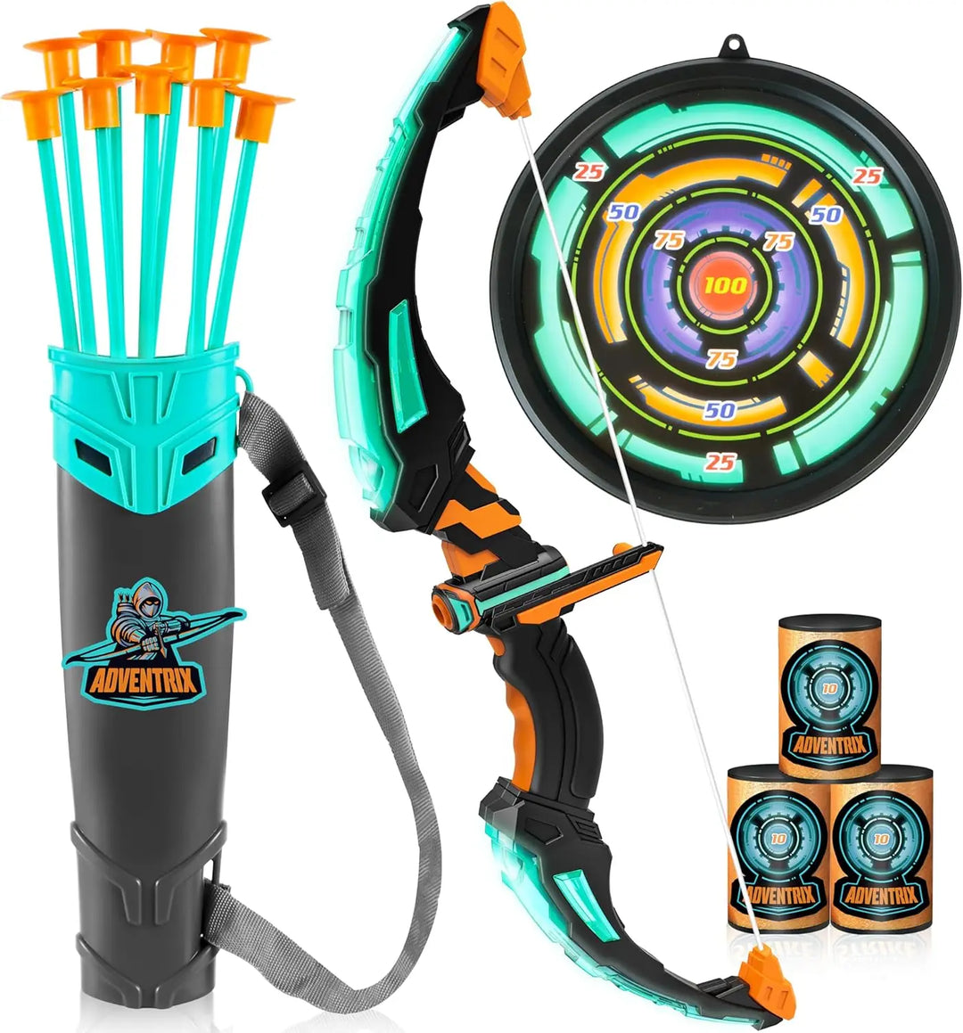 Glowing kids' bow and arrow toy, ideal for safe indoor games or exciting outdoor archery fun.