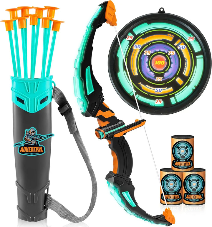 Glowing kids' bow and arrow toy, ideal for safe indoor games or exciting outdoor archery fun.