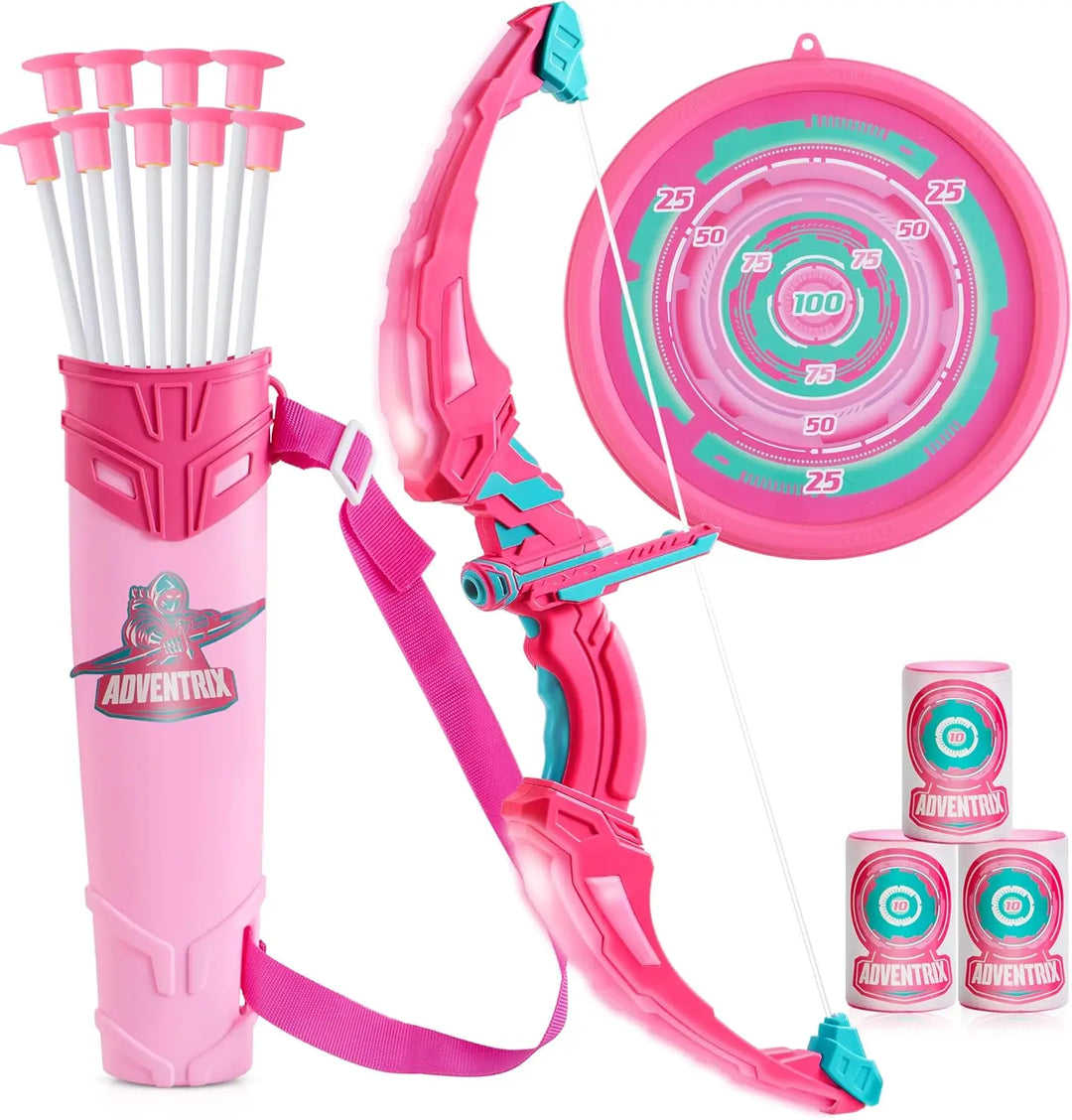 Bright aqua blue light-up bow and arrow toy set for kids, enhancing active play and motor skills.