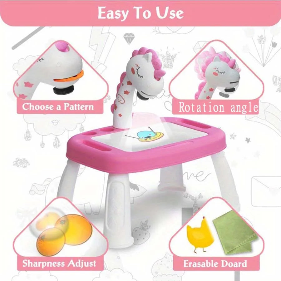 Educational kids projection drawing table. Interactive art toy for creative play, develops skills.