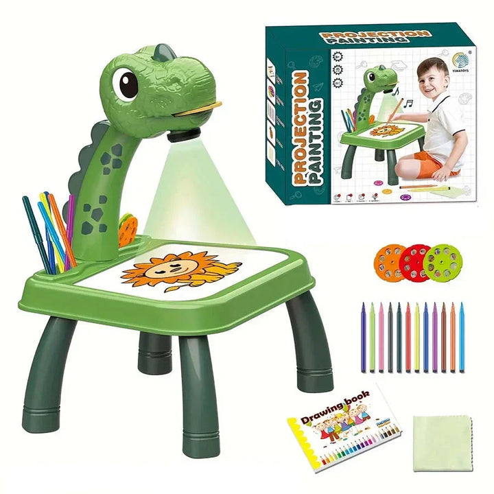 Kids' green projection drawing table, an interactive art activity for creative, mess-free toddler play.
