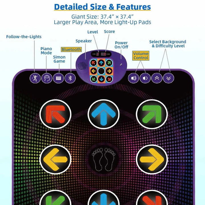 Light-up electronic dance mat for kids, a Bluetooth music game pad promoting active & interactive play.