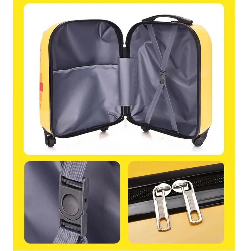 Children's wheeled trolley case with cartoon animal design, lightweight hardshell for easy travel.