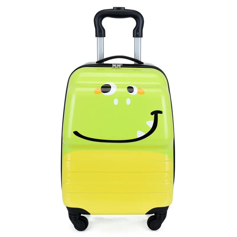 Hardshell kids' luggage with cartoon animal design, wheeled carry-on trolley case for easy travel.