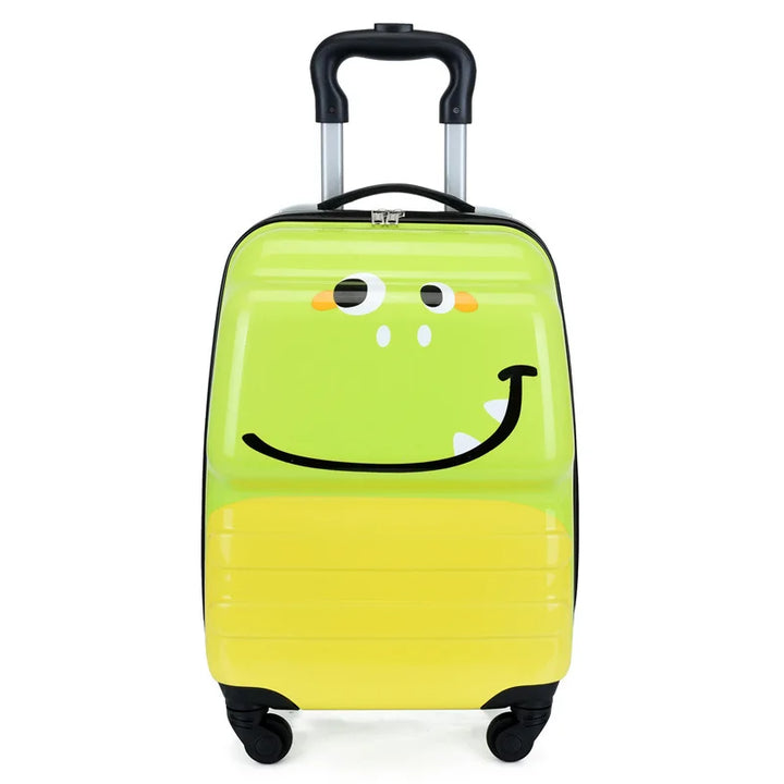 Hardshell kids' luggage with cartoon animal design, wheeled carry-on trolley case for easy travel.
