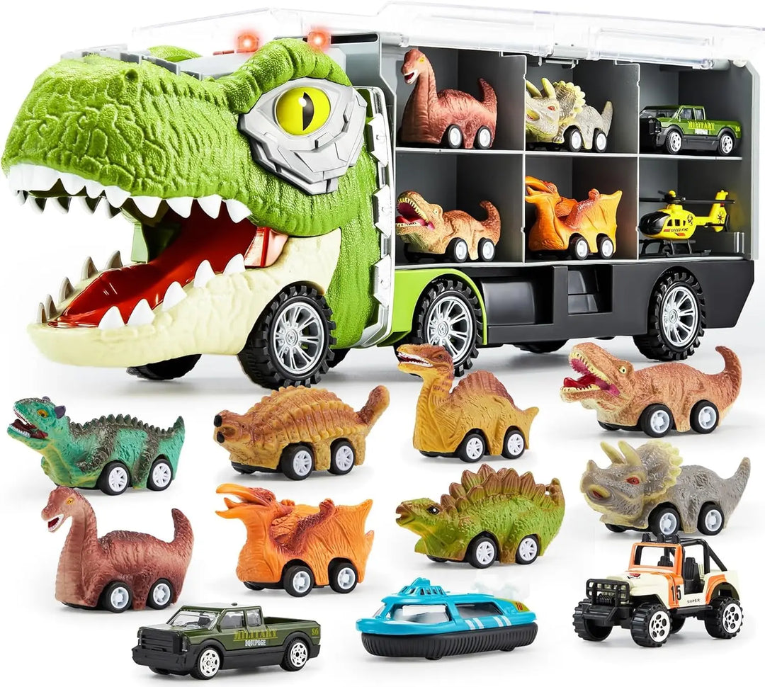 Kids' DinoHauler transport truck with 6 pull-back dinosaur cars, multi-compartment toy storage for toddlers.
