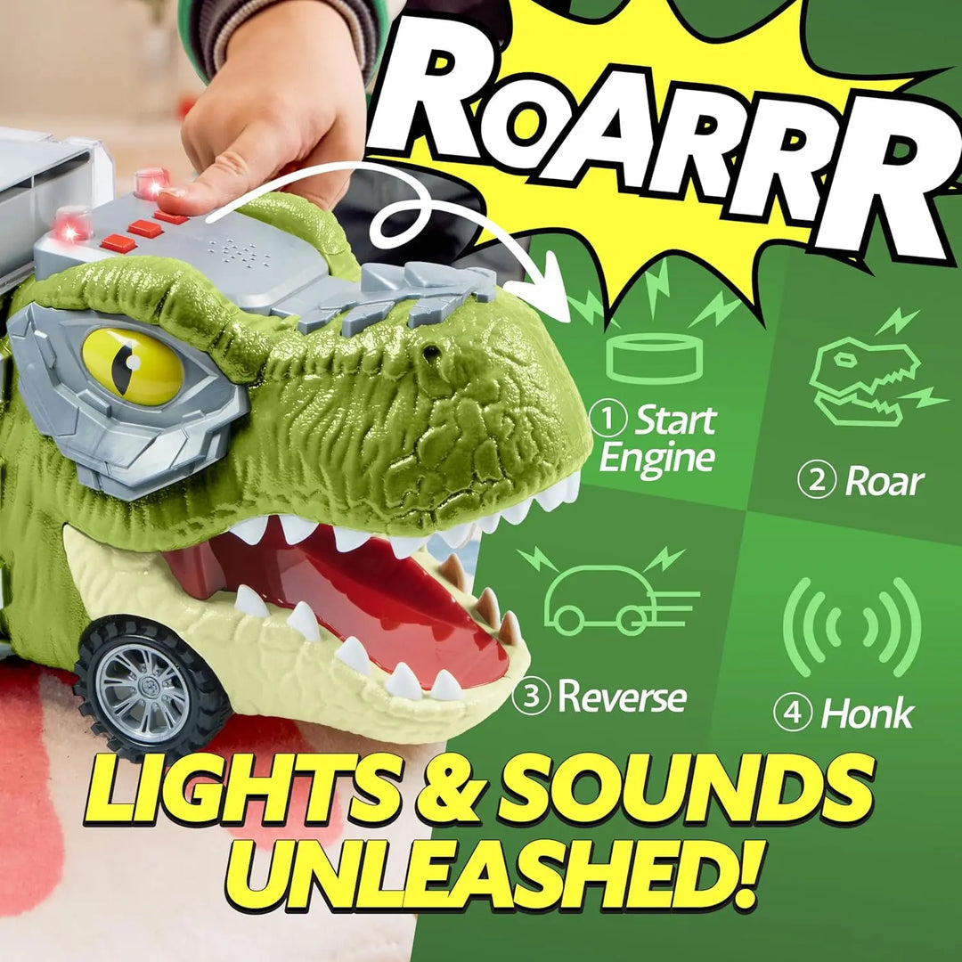 Plastic DinoHauler transport truck for kids, featuring multiple compartments for toy dinosaur car storage & imaginative play.