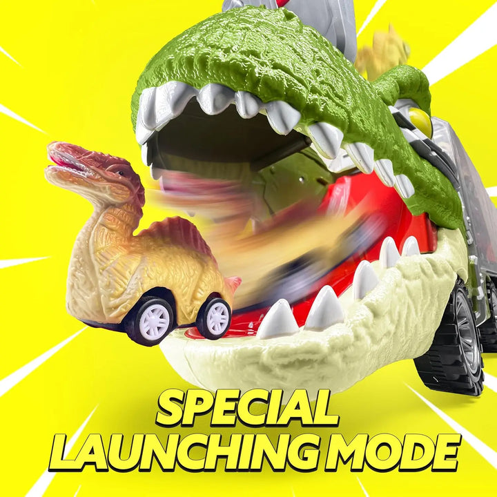 Set of colorful pull-back dinosaur cars, perfect for toddler imaginative play, stored in a kids' transport truck.
