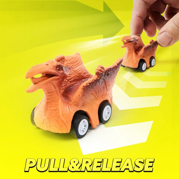 Toddler playing with a Kids' DinoHauler dinosaur transport truck and mini pull-back cars, promoting imaginative play.