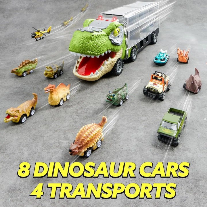 Multi-compartment DinoHauler transport truck, ideal toy storage for kids' pull-back dinosaur cars and small toys.