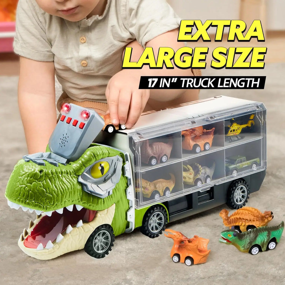 Dinosaur transport truck & mini pull-back car set for toddlers & kids, an engaging plastic toy for imaginative play.