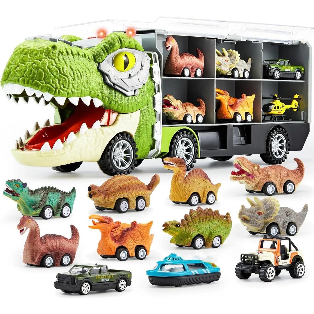 Vibrant Kids' DinoHauler transport truck with included pull-back dinosaur cars, an exciting toddler toy gift.