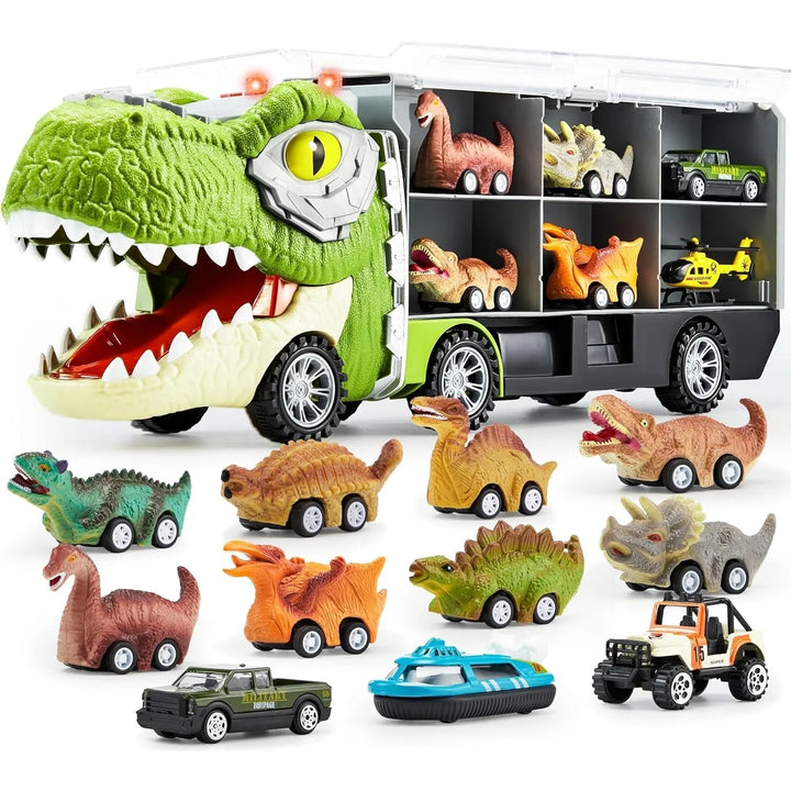 Vibrant Kids' DinoHauler transport truck with included pull-back dinosaur cars, an exciting toddler toy gift.
