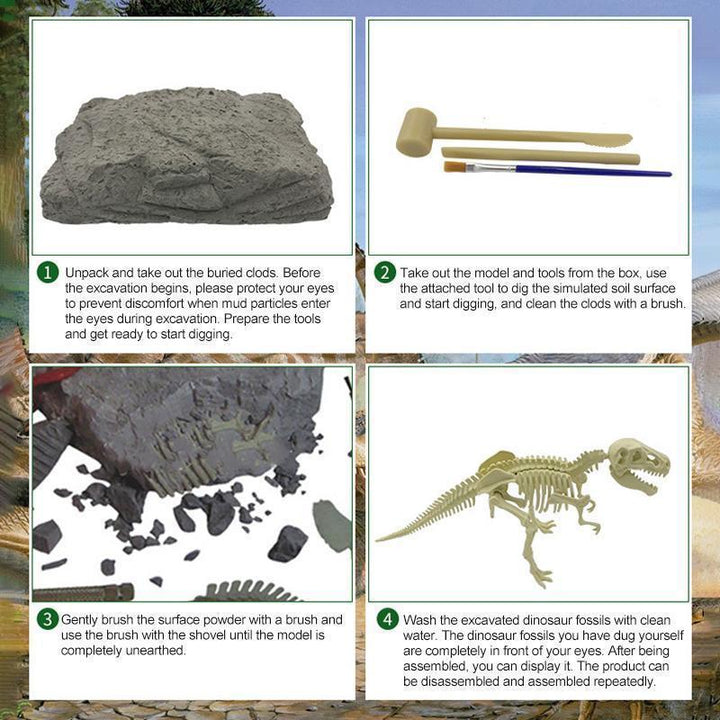 Dinosaur skeleton assembly kit in progress, showing a child carefully connecting bones.