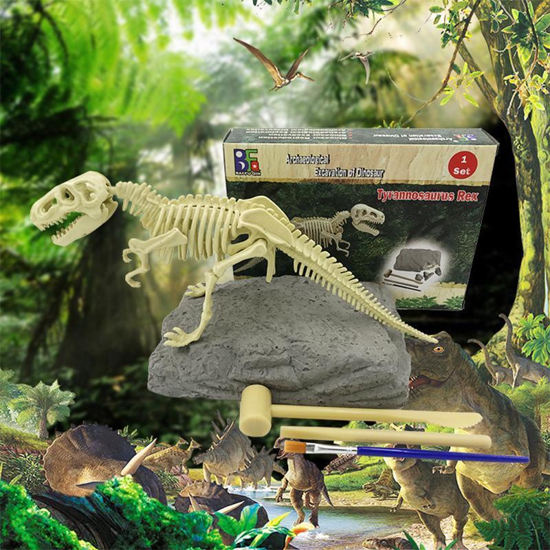 Dino fossil excavation kit, complete with digging tools and a Velociraptor model for kids.