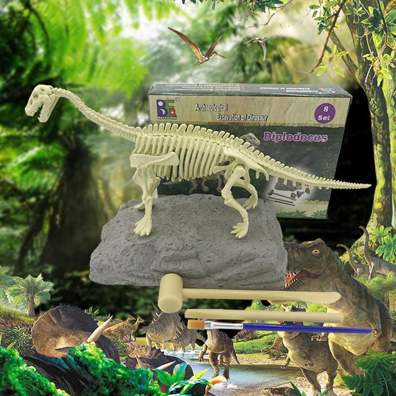 Interactive kids' activity: Dinosaur fossil excavation and assembly kit on a wooden table.