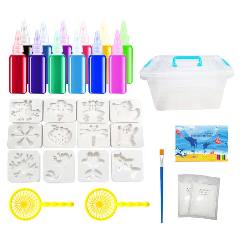Close-up of clear solution bottle and colorful aqua gels, essential parts of the DIY sensory toy