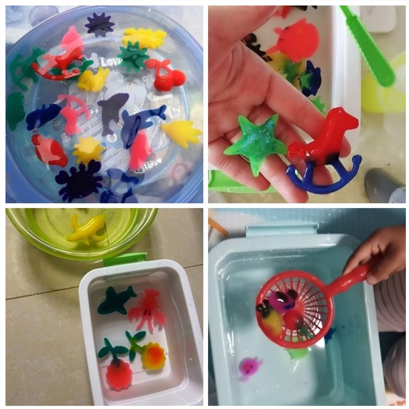 Child proudly displaying their handmade aqua gel octopus from the Kids' DIY Sensory Toy Set