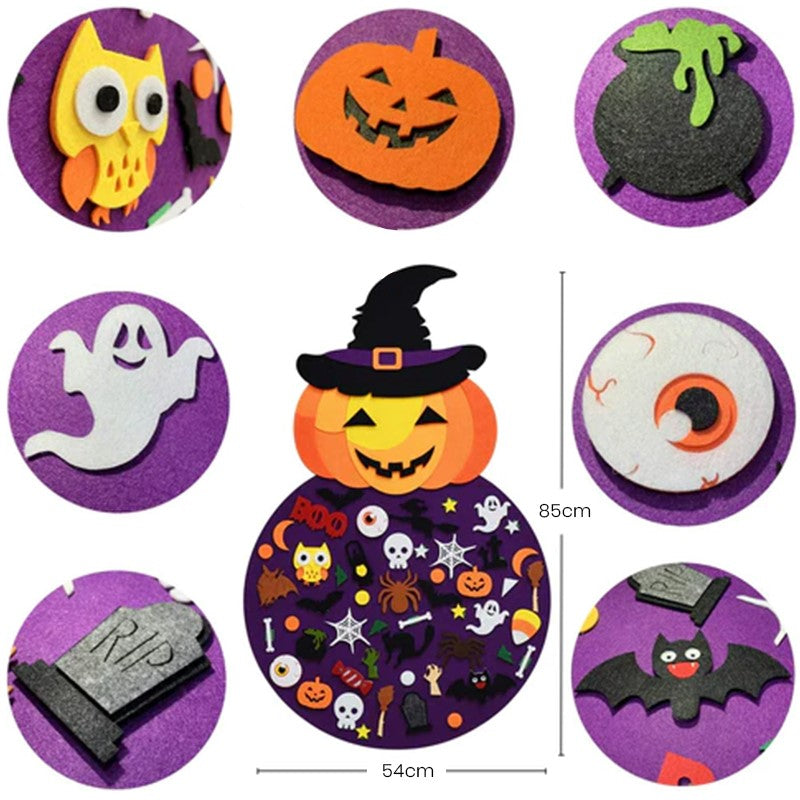 Gift-ready DIY felt Halloween decor kit, featuring a cute witch on a pumpkin, perfect for crafts