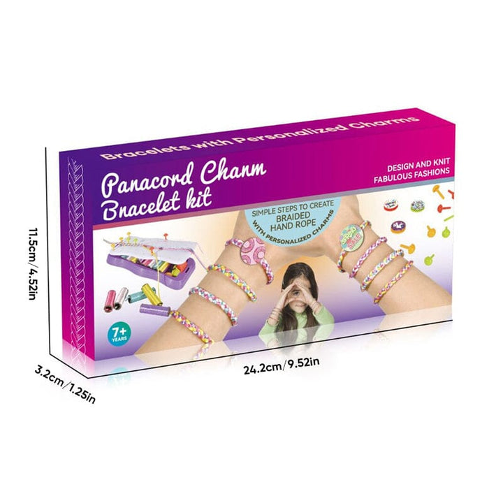 Friendship bracelet loom and various colored threads included in the kids' DIY making kit