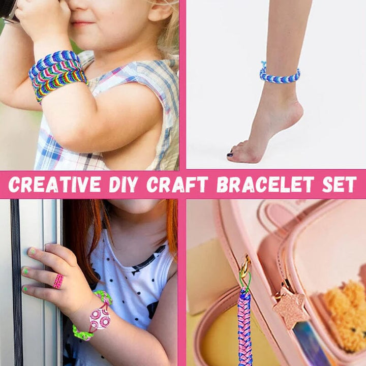 Close-up of a child's hands making a friendship bracelet using the DIY craft kit