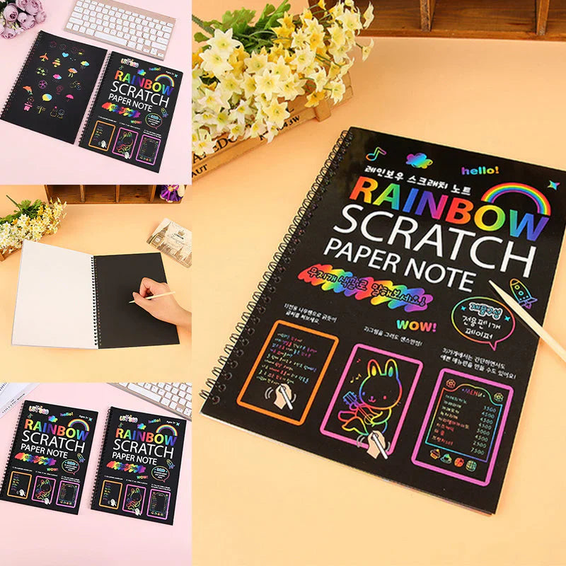 Kids DIY Rainbow Magic Scratch Art Set, revealing vibrant rainbow colors underneath, fun children's gift