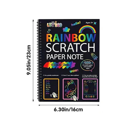 Overview of the Kids DIY Rainbow Magic Scratch Art Set contents: sheets, tools, and instructions