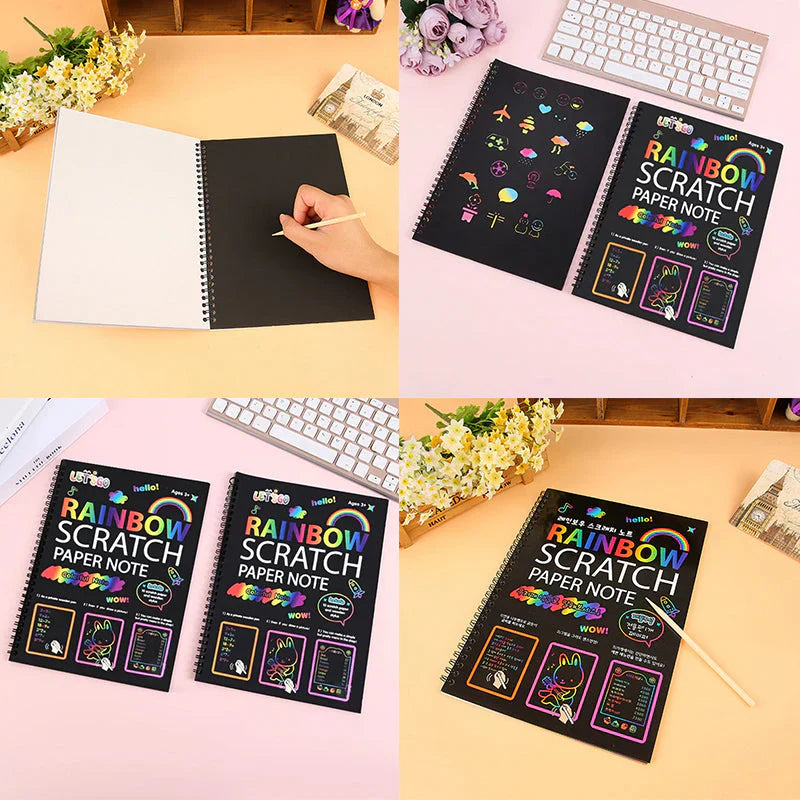 Close-up of a child's hand scratching a rainbow magic art sheet, showing creative play in progress