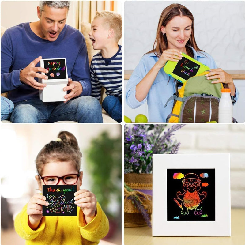 Group of children engaged in a holiday activity using the Rainbow Magic Scratch Art Set, drawing kit