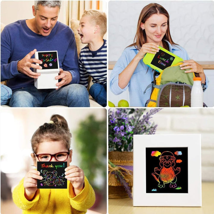 Group of children engaged in a holiday activity using the Rainbow Magic Scratch Art Set, drawing kit
