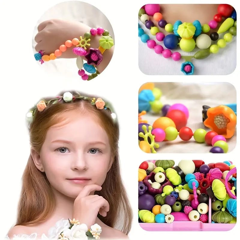 Close-up of a child's hands snapping together vibrant pop beads from the DIY Jewelry Making Kit, educational toy for girls
