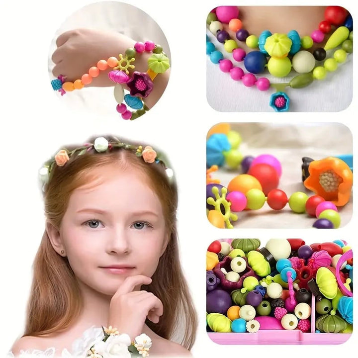 Close-up of a child's hands snapping together vibrant pop beads from the DIY Jewelry Making Kit, educational toy for girls