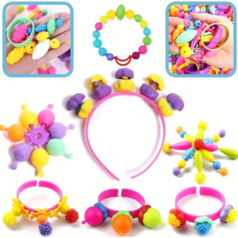 Educational toy: Kids' DIY Snap Pop Beads Kit arranged neatly, encouraging creativity and fine motor development