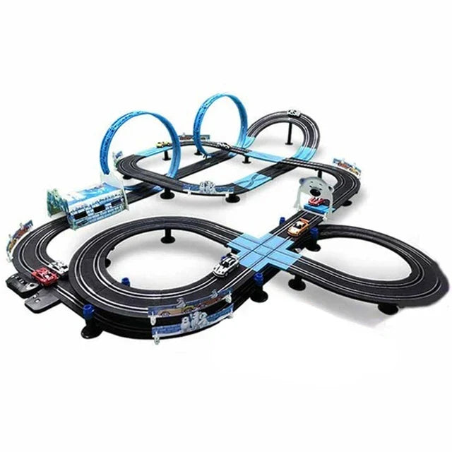 Close-up of diecast toy cars on the Double Lane Loop Racing Set's loop track. Kids' two-player racing game.
