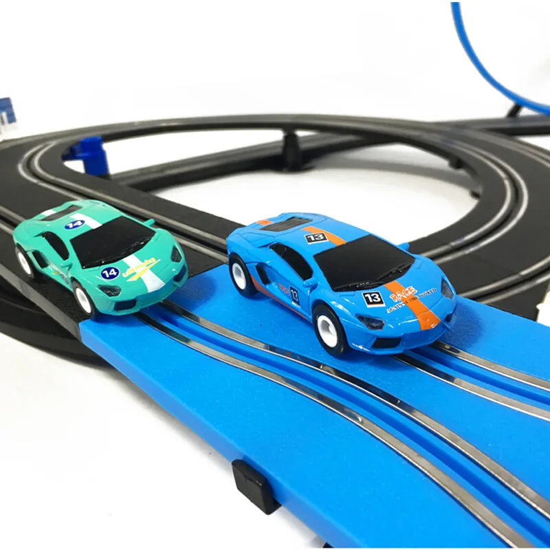 Two kids race toy cars on a Double Lane Loop Racing Set. Exciting track for competitive, fun playset.