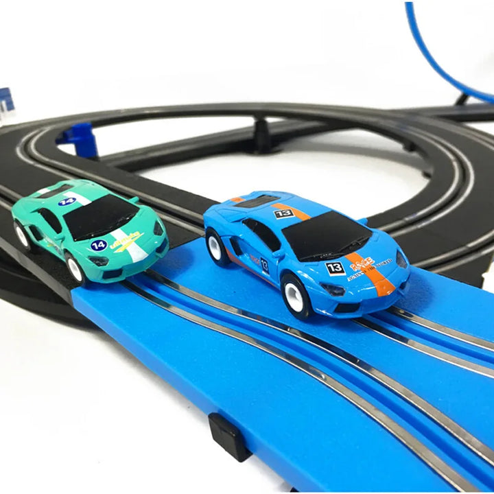 Two kids race toy cars on a Double Lane Loop Racing Set. Exciting track for competitive, fun playset.