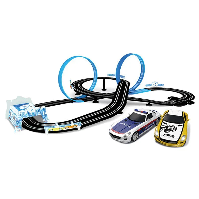 Dynamic Double Lane Loop Racing Set with toy cars for kids. Thrilling track and motor racing action.